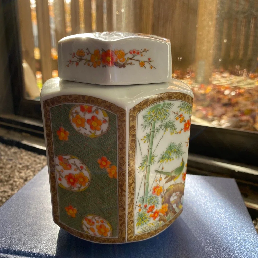 Vintage Hexagonal Porcelain Jar with Lid Oriental Bird Blossom Design- Japan‎